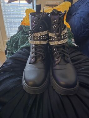 Cato Black Combat Boots with Rhinestone & Stud Straps